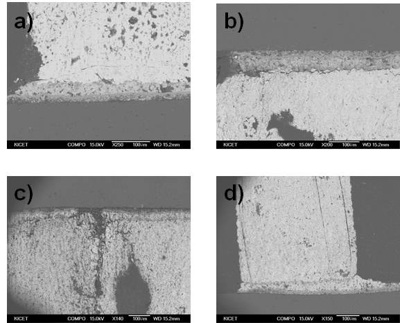 Failure analysis for TEM by using optical microscopy (a), (b) failures by crack propagation along the solder layers (c), (d) failures by crack propagation along the layered structure of Bi2Te3