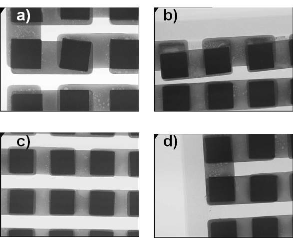X-ray image showing the failures of the samples that failed in the field: (a) positioning error, (b) displacement, (c) solder void, and (d) solder wick