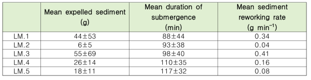 가재붙이 실험구 둔덕별 평균 재배치 퇴적물, 평균 침수시간 및 평균 퇴적물재배치율