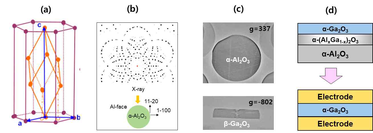 (a) 커런덤 결정 구조(c-면 사파이어)의 격자 배치, (b) 싱크로트론 X-선을 이용한 기울임모드 XRT 측정시의 라우에 회절 패턴 시뮬레이션 결과(선행연구), (c) c-면 사파이어 및 산화갈륨 단결정에 대한 XRT 측정 이미지(선행연구), (d) 해외 A선진사에서 제시하고 있는 α-(AlxGa1-x)2O3 버퍼층을 이용한 이종 기판 위에서의 고품질 α-Ga2O3 성장(위) 및 기판분리를 이용한 쇼트키배리어(SBD) 전력반도체 소자 구현 예(아래)
