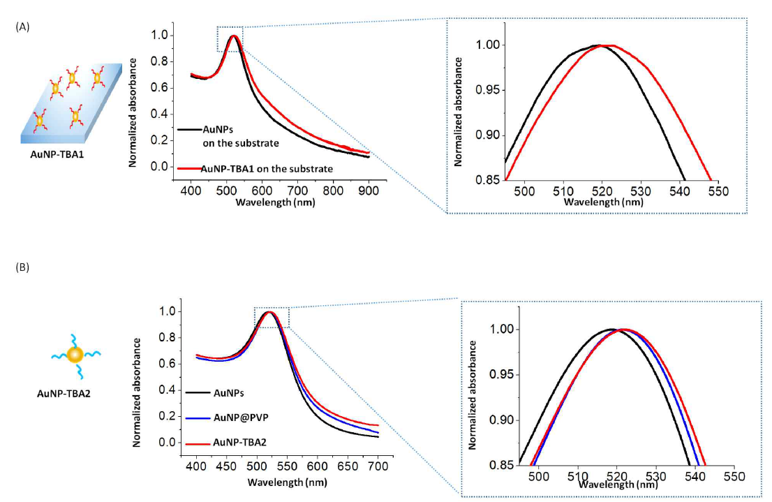 UV–vis spectra of (A) AuNPs conjugated with TBA1 on the APTES-coated substrate and (B) AuNPs conjugated with TBA2 in solution (red-shift is observed upon binding with TBA2