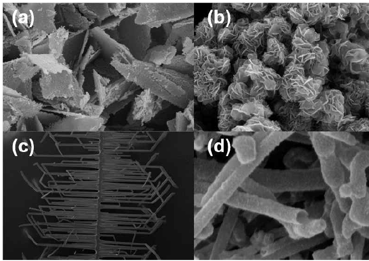 (a)-(b) 2D 기반의 나노 물질의 다구조화, (c)-(d) 1D 기반의 나노 물질의 다구조화,