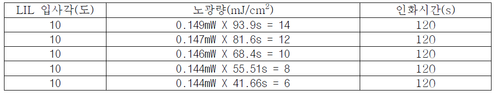 레이저 노광량에 따른 1차원 패턴 형성 공정 조건