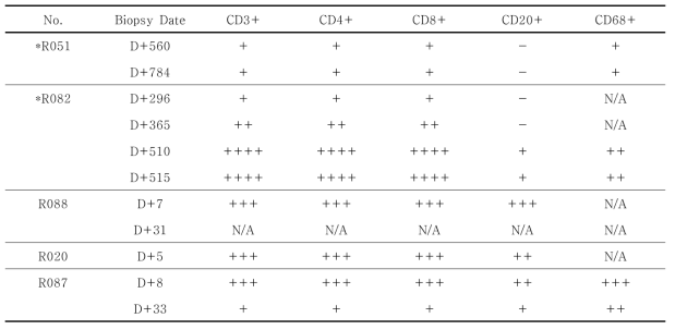 Relative frequency distribution of the CD3+, CD4+, CD8+, CD20+ and CD68+ cells on the intrahepatic islet xenografts in rhesus monkey