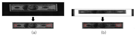 지폐 이미지에서 지폐영역 추출 및 관심영역 (ROI) 지정 예. (a) 가시광 반사 이미지. (b) 근적외선 투과 이미지