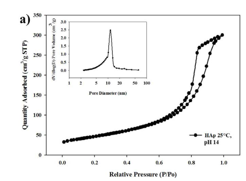 pH 14 and 25 oC에서 합성된 하이드록시아파타이트의 N2 흡탈착 곡선