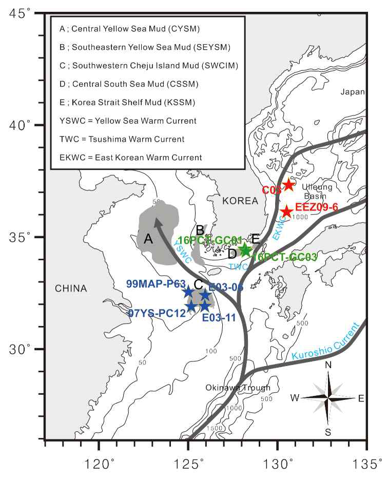 Generalized distribution map of the Holocene surface sediment facies and current system around Korean Peninsula