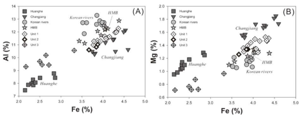 Discrimination plot between Fe and (a) Al and (b) Mg of 16PCT cores and river sediments from potential provenance of the study area