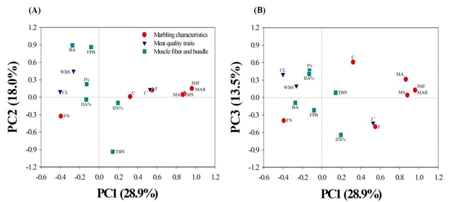 Principal component analysis (PCA) plots for PC1 versus PC2 (A) and PC1 versus PC3 (B). MS = marbling score; IMF = intramuscular fat content; FN = fleck number; MA = marbling area; MAR = marbling area ratio; C = coarseness; F = fineness; L* = lightness; CL = cooking loss; WBS = Warner-Bratzler shear force; I% = area percentage of type I fiber; IIA% = area percentage of type IIA fiber; IIX% = area percentage of type IIX fiber; BA = bundle area; FPB = fiber number per bundle; TBN = total bundle number