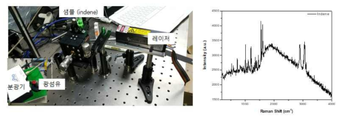 광섬유 라만프로브를 이용한 라만 신호 측정 셋업 (좌) 및 측정된 라만 신호(우)