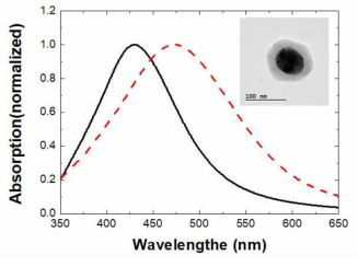 금속나노입자의 실리카 코팅 전(실선)과 코팅 후(점선)의 흡수 스펙트럼. 삽입된 그림은 금속나노입자를 실리카로 코팅하였을 때의 TEM 이미지