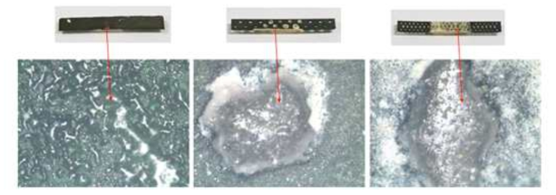 금속구조물 상부에 축성·소성된 세라믹(digital microscope x100)