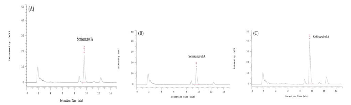 Representative HPLC chromatograms of 오미자 추출물 (A) 문경오미자 (2016년산) (B) 장수오미자 (2010년산) (C) 장수오미자 (2016년산)