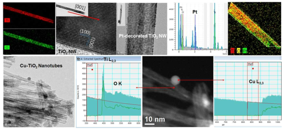 금속 Cu NPs/TiO2 NBs (상), 금속 Pt NPs/TiO2 NTs (하)