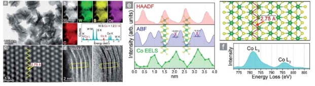 Cobaltocene WS2 nanosheet의 모양 (a)과 성분 (b), plan-view (c), X-section view (d), 유기물층에 Co 존재를 증명하는 HAADF, ABF, EELS 프로파일 (e), Co L3,2 EELS spectrum (f)