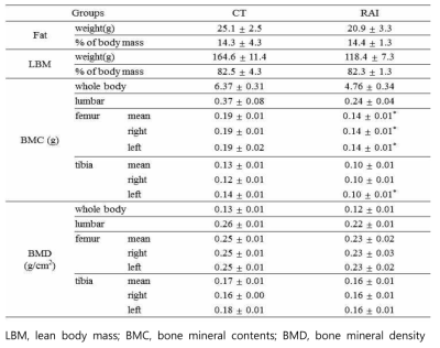 대조군과 RAI 치료군에서 실험 4주째 DEXA를 이용하여 측정한 체성분 및 골밀도