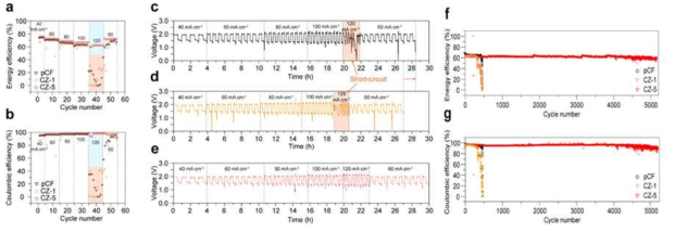 pCF, CZ-1, CZ-5 적용 아연흐름전지 전기화학적 성능. 전류밀도별 구동효율 및 전압그래프 (a 에너지 효율, b 쿨롱효율, c pCF, d CZ-1, e CZ-5), 100mAcm-2 20mAhcm-2 구동시 구동효율 (f 에너지 효율 g 쿨롱효율)
