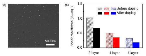 Au 나노입자가 형성된 그래핀 박막의 SEM 이미지와 Au 나노입자 삽입 전ㆍ후 그래핀의 면저항
