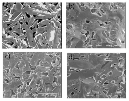 a) SEM images of RSiC with β-SiC as a filler, a)firing at 1500℃ 3h, 2200℃ 5h and final density 2.3g/ml, b)firing at 1500℃ 3h, 2200℃ 5h and final density 2.7 g/ml, c)firing at 1500℃ 3h, 2200℃ 10h and final density 2.3g/ml, d)firing at 1500℃ 3h, 2200℃ 5h and final density 2.7g/ml