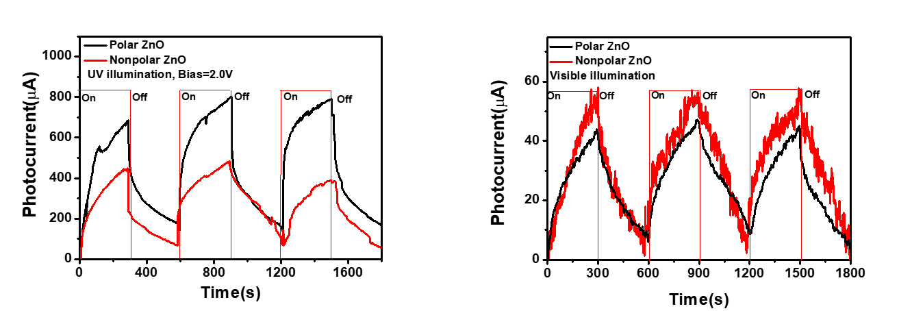 분극 및 무분극 ZnO센서의 UV 및 가시광에 대한 반응도