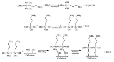 Chemical reactions between aminopropyltriethoxysilane and cellulose