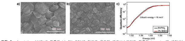a) pristine MAPbI3 필름과 b) 2% BDMS 첨가로 유도된 페로브스카이트 필름의 top view에 해당하는 SEM 이미지. c) 3D MAPbI3와 (BDMS)0.02(MA)0.98PbI3를 광흡수층으로 사용하는 페로브스카이트의 Subgap QE 스펙트럼