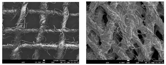 코팅 전과 후의 섬유 SEM 이미지