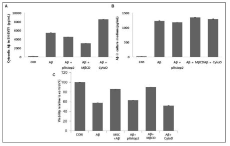 Quantification of internalized cytosolic Aβ and extra cellular Aβ in the culture medium of the Aβ treatment group and inhibitor groups(A,B). Ralative cell viability assay for control group, Aβ treatment group, MSCs co-culture group and inhibitor treated groups(C)