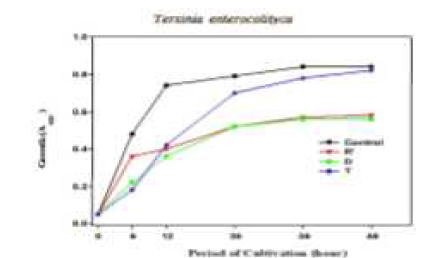 초임계 열처리된 무 복합 추출물중 활성성분(무, 당근, 차 추출물)의 균주(Tarsina enterocolityca ) 생육저해 효과