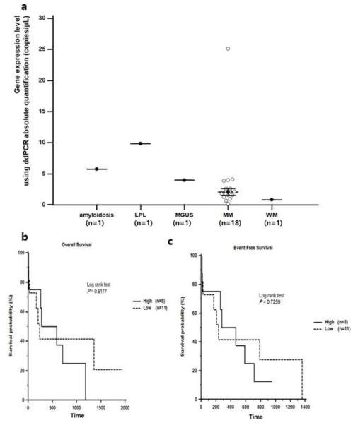 a LEF1 expression in plasma cell neoplasm. b Overall survival and c Event free survival according to LEF1 expression level in plasma cell myeloma. LPL, lymphoplasmacytic leukemia; MGUS, monoclonal gammopathy with undetermined significance; MM, plasma cell myeloma; WM, Waldenström macroglobulinemia