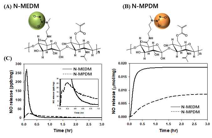 NO 저장·전달 수화젤 N-MEDM (A)과 N-MPDM (B)의 NO 분비 특성 비교 (C)