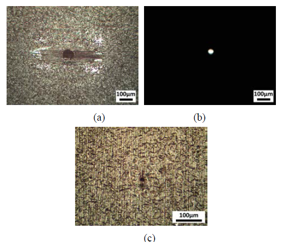 Laser micro drilling results: (a) top view, (b) top view (by transmitted illumination), (c) bottom view (Laser: power 80%, Freq. 20kHz, No. of irradiation 400)
