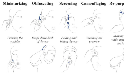 Five design strategies, and example input actions, generated during initial ideation studies on hand-to-face input