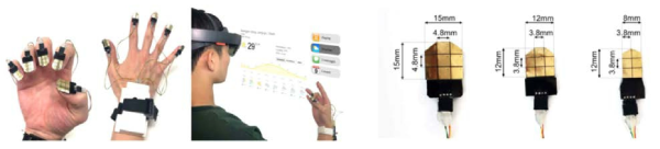 Nail touch sensing prototype shown on hands (left) and in envisioned use context of smartglasses (center). Right shows the three sizes of nail sensor for thumb, for index/middle/ring and for little fingers. Note the little finger unit features fewer touch sensors due to its reduced size. Sizes for these sensors were based on anthropometric data on mean hand sizes in the local population