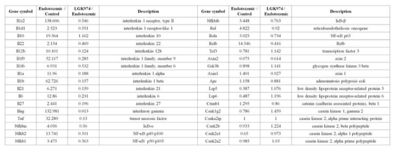 Cytokine activity, NF-kB signaling, Wnt pathway 관련 유전자의 mRNA 수준 변화