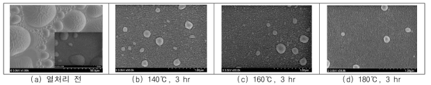 PVDF 폴리머 박막의 열처리 공정 온도 조건별 표면의 FE-SEM 측정 결과