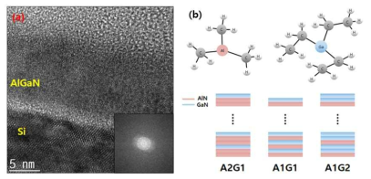 (a) ALD로 형성 시킨 AlGaN 박막의 TEM 단면 사진, (b) TMA, TEG 전구체의 분자 구조 및 디지털 펄싱 시퀀스