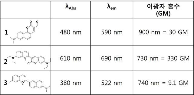 PBS(pH=7.4)에서 이광자 형광체들의 분광학적 특성 및 이광자 흡수율 비교
