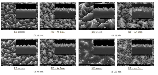 RIE 공정조건별 Ag 나노 포러스 구조막 증착 전, 후의 SEM 사진