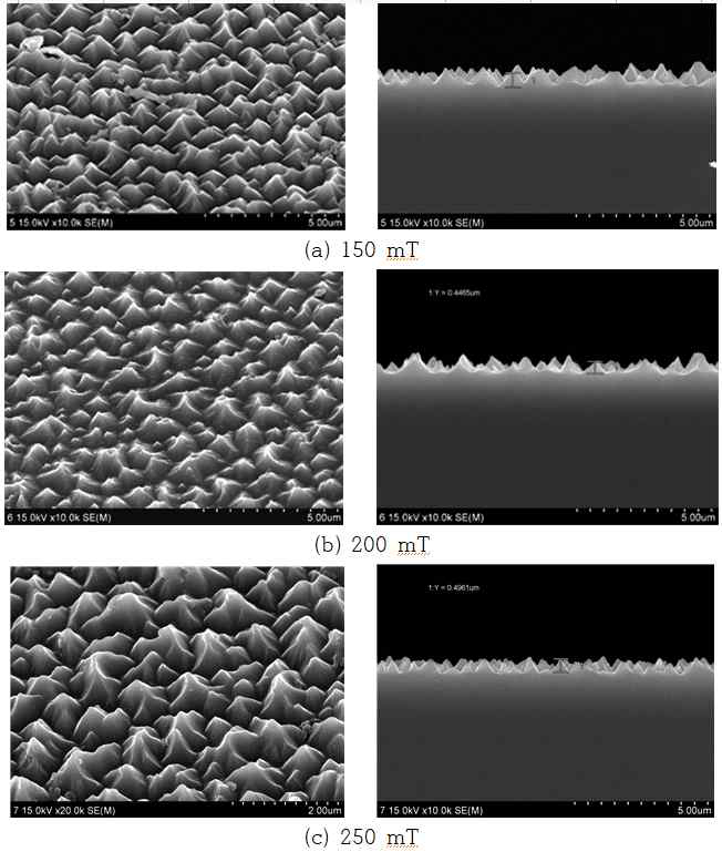 공정압력에 따른 요철구조 형성특성(SF6/O2 = 20/24 sccm, RF power= 200 W, process time = 40 min., Sub. temp.=10 ℃)