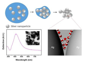 실험 개요도와 사용된 은 나노입자의 흡광도, 두 개의 은나노 입자 사이 계곡에 가두어진 물 나노메니스커에 대한 그림