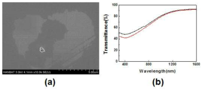 Pulsed laser 조사 특성. (a) laser focusing 문제에 의한 칼코겐화물 박막의 불균일한 표면형상. (b) laser 조사 전후의 칼코겐화물 박막의 미미한 투과율 변화