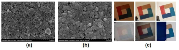 (a) 나노복합소재 박막의 표면형상(2차년도 결과), (b) 나노복합소재 박막의 표면형상(3차년도 결과), (c) 나노복합소재 박막이 적용된 유리 기판의 다양한 색상