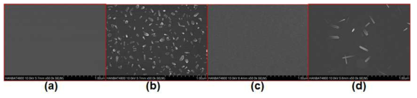 두께 차이 및 열처리 여부에 따른 GeTe 박막의 표면형상 변화. (a) 15nm, as-deposited, (b) 15nm, annealed, (c) 30nm, as-deposited, (d) 30nm, annealed