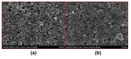 나노복합소재 박막의 표면형상. (a) 열처리 전, (b) 열처리 후