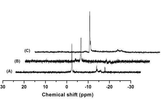 pstS 유전자 유무에 따른 NO-매개 인-화합물들의 생성 관찰. WT(A), pstS 결핍 돌연변이주(B), 및 pstS 결핍 돌연변이와 pstS 유전자를 함유하는 플라스미드를 포함한 균주 (C)에 NO를 처리한 후의 31P NMR 스펙트럼