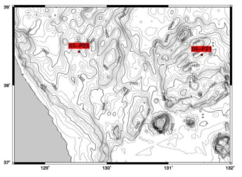 제 1차년도 연구에 사용한 동해 남한국대지 시추 퇴적물 05-P23과 05-P21의 위치