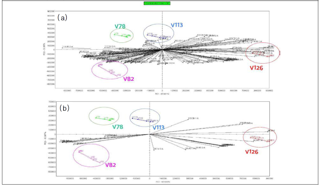 V78, V82, V113, V126 의 전자코를 이용한 향기 성분 패턴 (a: All Peak; b: Select Peak)
