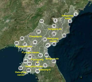 북한의 27개 기상관측 지점( 여민주 등, 2019b)