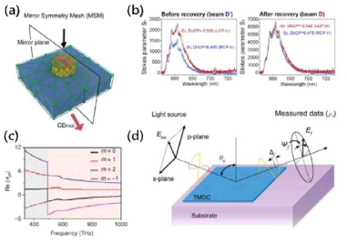 (a) 카이랄 매질 전산모사 방법, (b) 2차원 TMDC 물질 편광 현미경 기술, (c) 메타물질 굴절률 유일 결정 방법, (d) 2차원 물질 굴절률 측정 방법